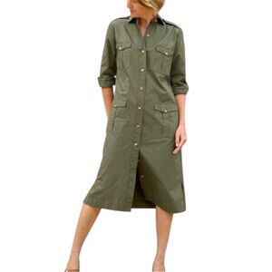 Safari Midi Dress Willis & Geiger Outfitters VTG Bush Poplin 12 Army Green USA